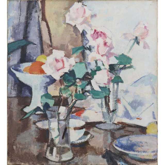 The accompanying image is S. J. Peploe's Roses and Fruit of c.1921, oil on canvas, 56 x 51cm.